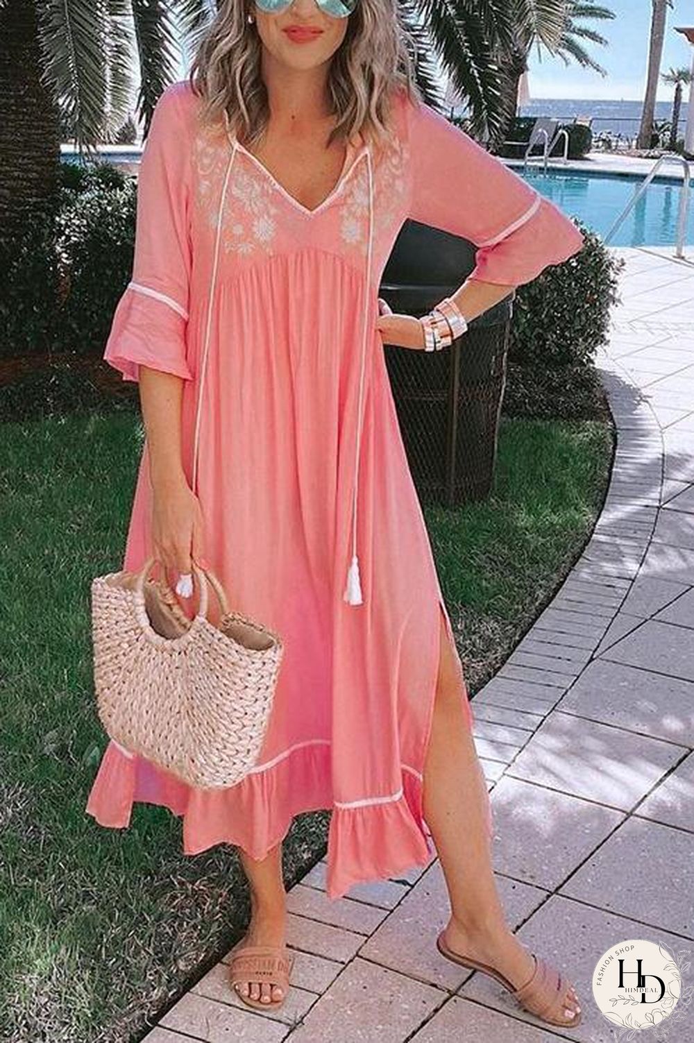 Embroidery Flares Sleeve Maxi Dress