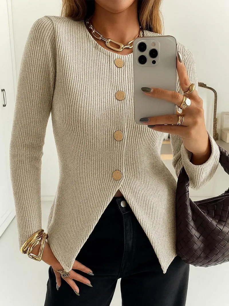 Women's Casual Elegant Ribbed Knit Button Long Sleeve Top, Fitted Plain Design, All Season Wear, Moderate Fabric Thickness
