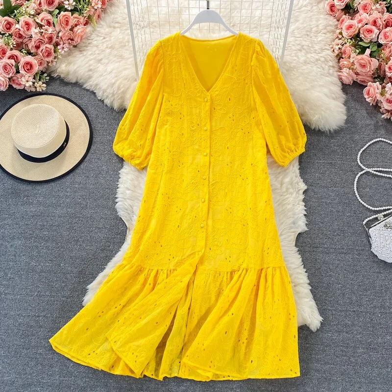 FTLZZ New Summer A Line V Neck Hollow Out Single Breasted Women Mid-Calf Dresses Casual Solid Short Lady Dress