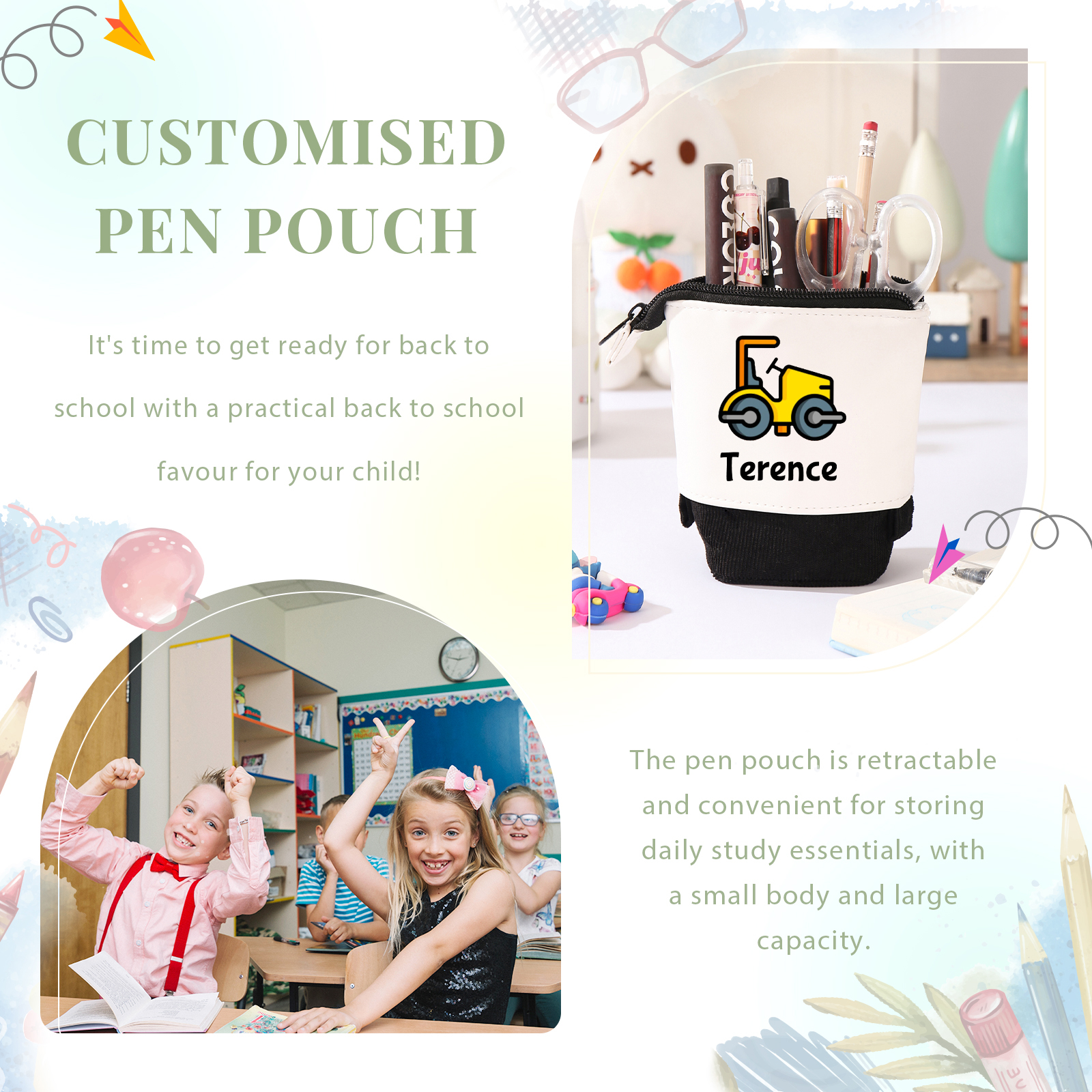 Astuccio per matite personalizzato con 1 nome e 1 veicolo da costruzione regalo per scuola elementare bambini