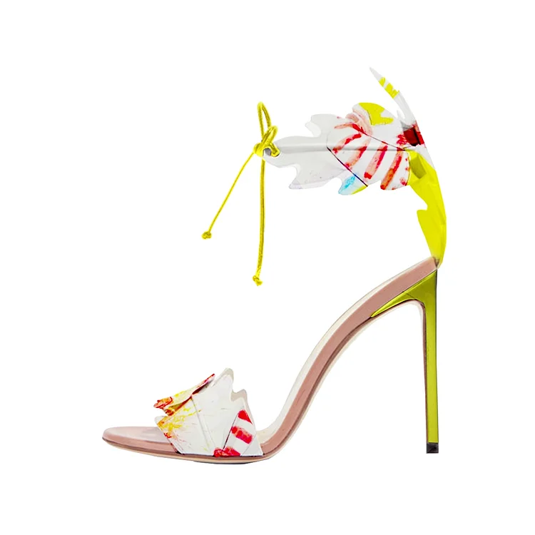 Yellow Stiletto Heels Lace up Sandals Open Toe Floral Heel Sandals |FSJ Shoes