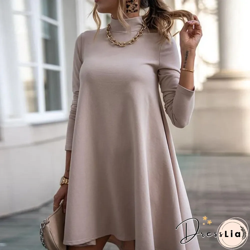 Solid Color Long Sleeve Turtleneck Loose Dress
