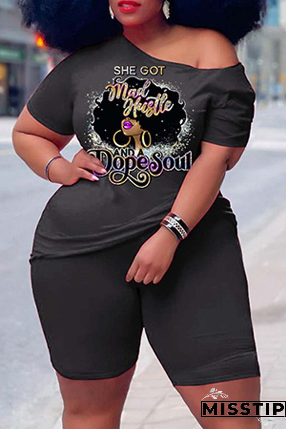 Orange Casual Print Basic Oblique Collar Plus Size Two Pieces