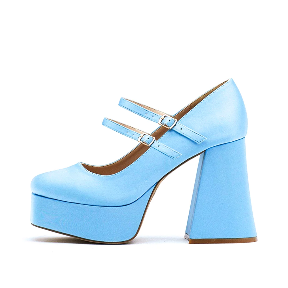 Satin Leather Blue Loafers With Platform Chunky Heels Nicepairs