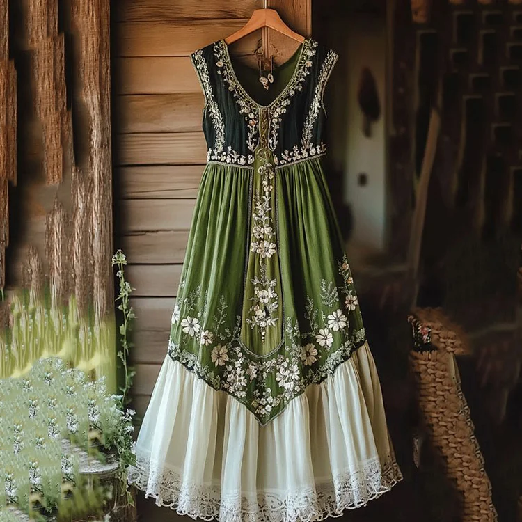 Utbros Vintage Tribal Embroidered Floral Art Linen Maxi Dress