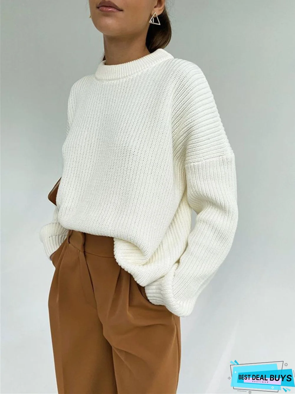 Solid Color Casual Loose Long Sleeve Round Neck Knitting Sweater
