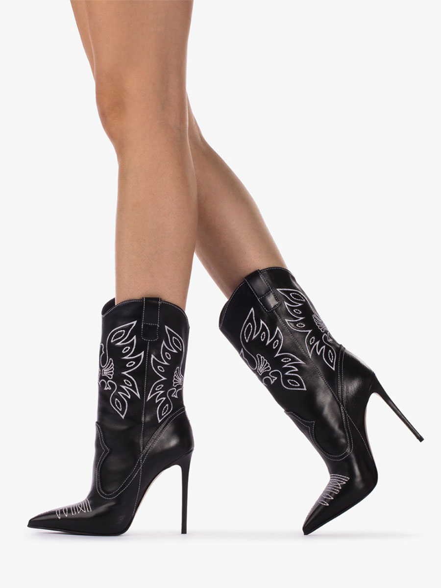 Black Pointed Toe Sexy High Heels Embroidered Mid-Calf Cowgirl Boots