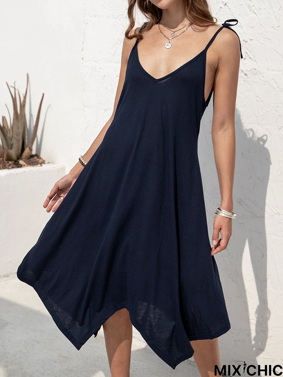 Spaghetti Casual Asymmetric Plain Weaving Dress