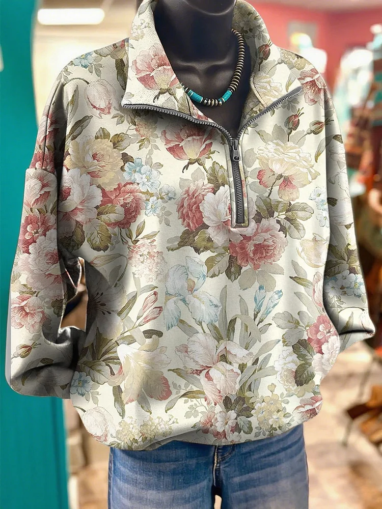 Women's lapel retro casual western print sweatshirt 