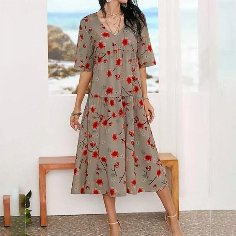 Women Floral Print Elegant Loose Casual Dress