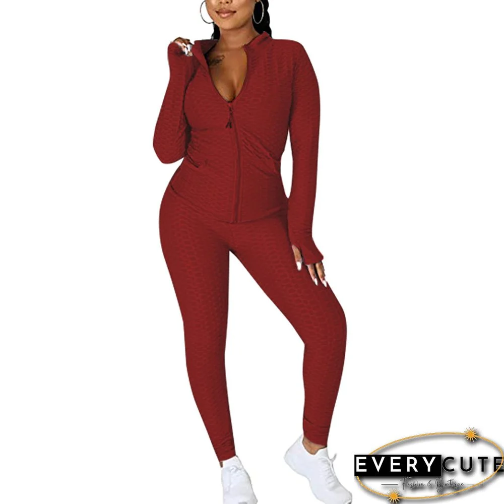 Wine Red Jacquard Bubble Long Sleeve Jacket with Pant Sports Set