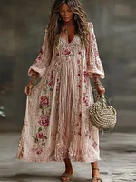 Women's Vintage Retro Floral Art Flowy Linen Blend Casual Long Sleeve Maxi Dress