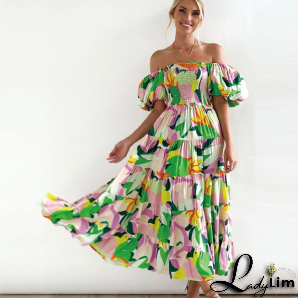 Women Boho Print Off Shoulder Holidays Oversized Dress