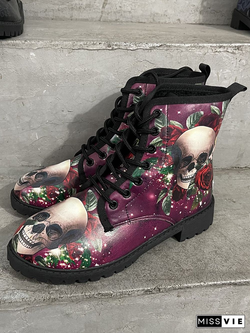 Floral Street All Season Printing Party Low Heel Lace-Up Non-Slip Classic Boots Boots for Women