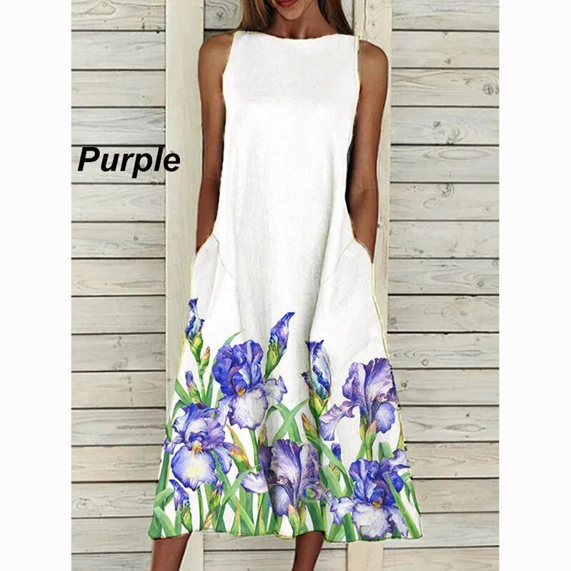 Dress 2022 O Neck Flower Print Summer Dresses For Women Fashion Pocket Sleeveless Dress Female Casual Loose Party Dress