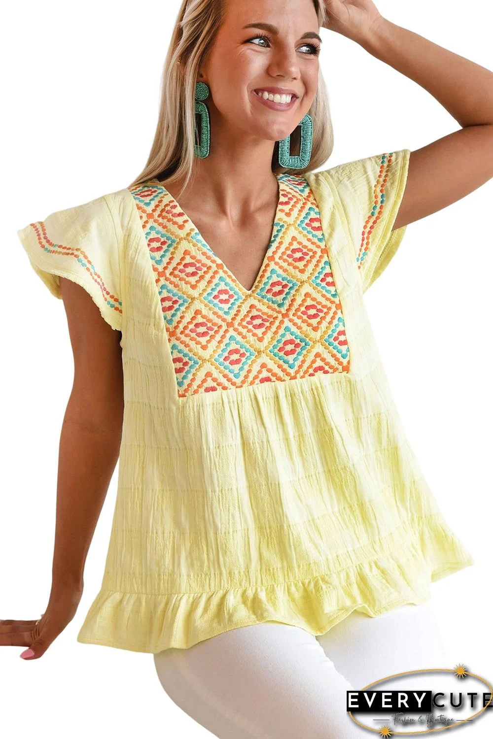 Yellow Geometric Embroidery Textured Top with Ruffles