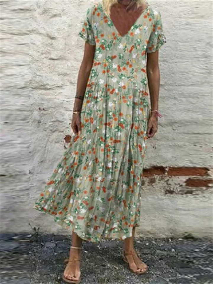 New V-neck Short Sleeve Long Skirt Retro Print Loose Dress Women's Dress