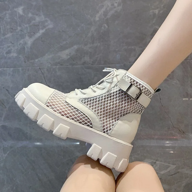 Classic Women Thick Bottom Black Mesh Summer Boots Round Toe Zipper Lace Up Platform Shoes Woman High Heels Ankle Botas