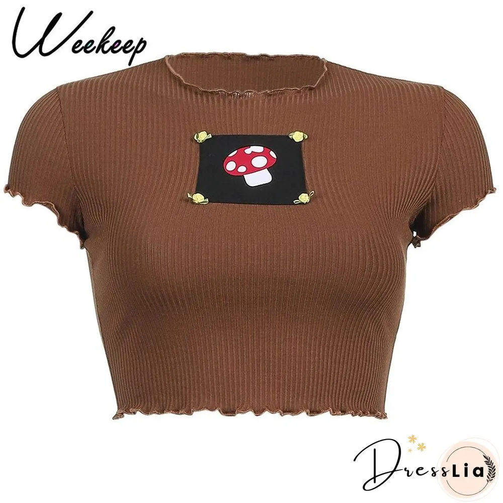 Womens White Short Sleeve Shirt Cropped Embroidery O-Neck Knitted T-Shirt