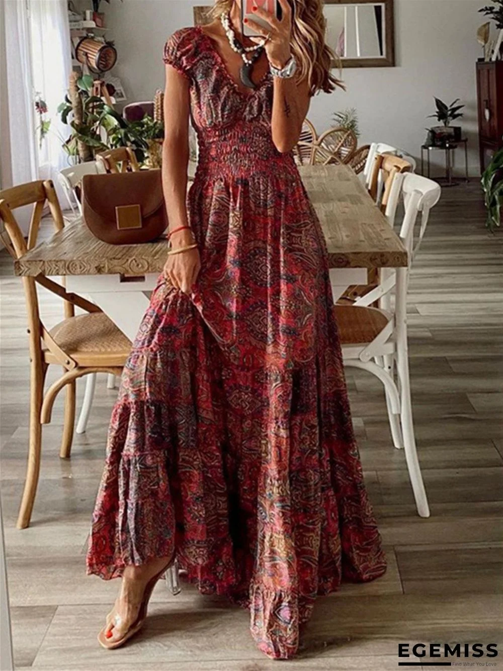 Fashion Printed Short Sleeved Women Dress Long Skirt | EGEMISS
