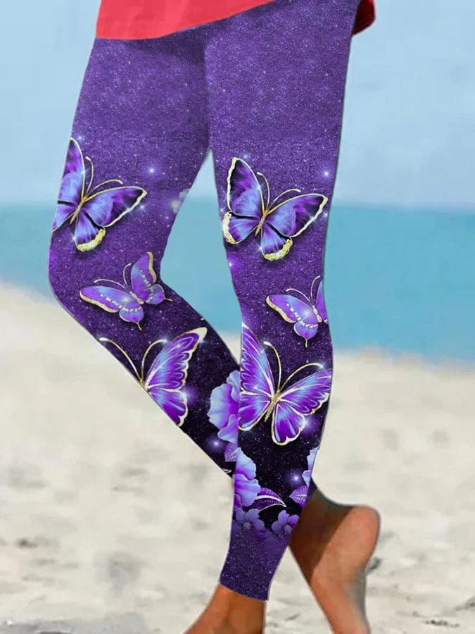 Vacation Purple Butterfly Flower Print Leggings-mysite