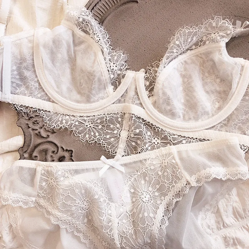 Wriufred Sexy ultra-thin lace bralette memory steel ring romantic daisy eyelashes lingerie set gathered underwear set bras
