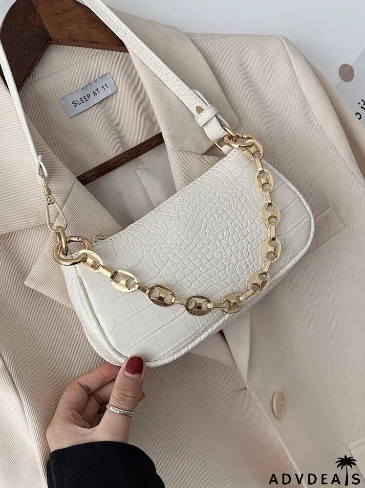 Croc Embossed Chain Baguette Bag