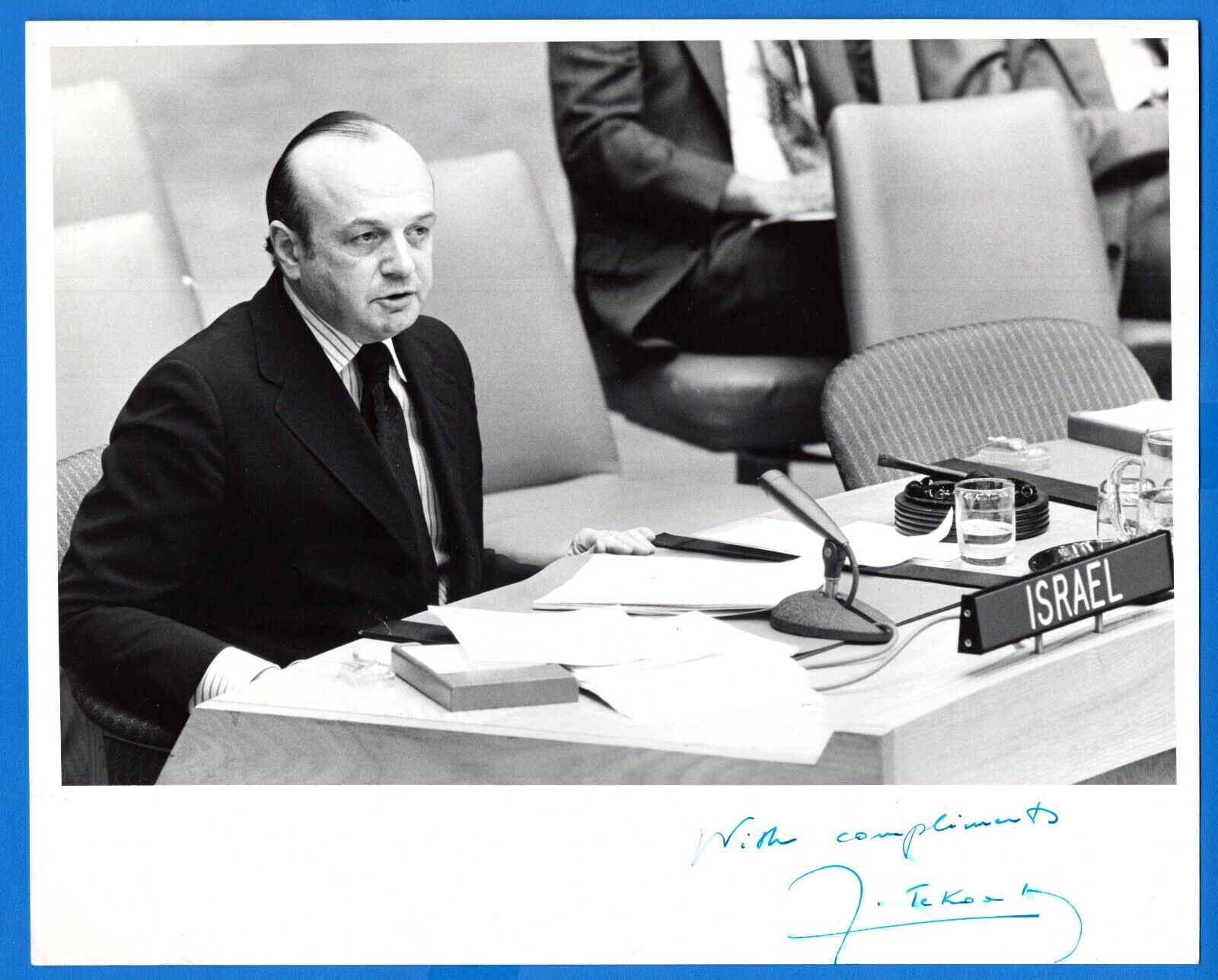 Yosef Tekoah Israeli Diplomat Hand Signed Autograph 8x10 Vintage 1973 UN Photo Poster painting