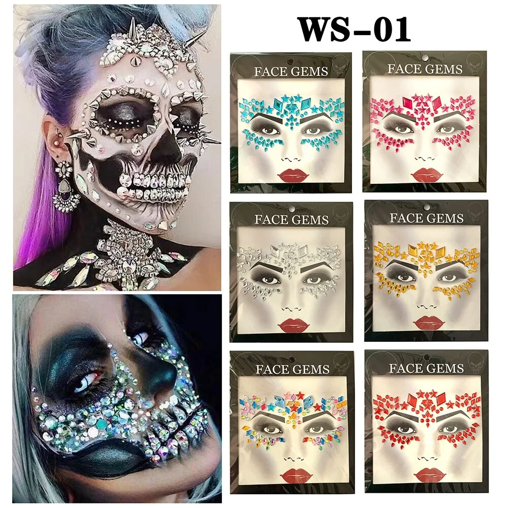 3D Gem Face Sticker Ghost Skull Face with Diamond Decoration Fashion Sexy Face Stickers Prom Holiday Party Face Decoration