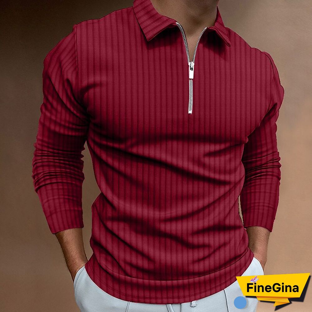 Brown Men's Waffle Solid Color Collar Patchwork Long Sleeve Zipper Shirt