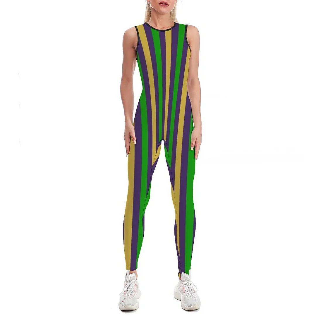 Purple Gold And Green Striped Mardi Gras Bodycon Tank One Piece Jumpsuits Long Pant Retro Yoga Rompers Playsuit for Women