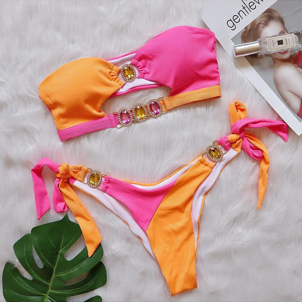 Brownm Brownm Sexy Crystal Diamond Bikini Detachable Breast Pad Swimsuit Patchwork Strapless Strap Split Swimsuit