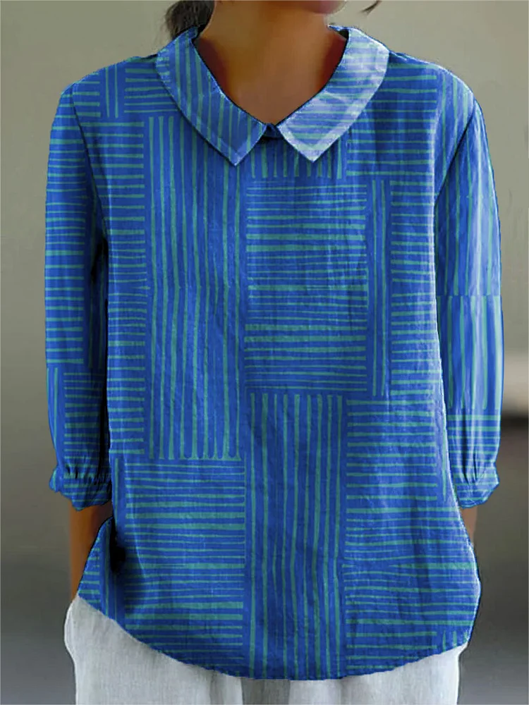 Women's Blue Stripes Art Print Casual Cotton And Linen 3/4 Sleeve Shirt