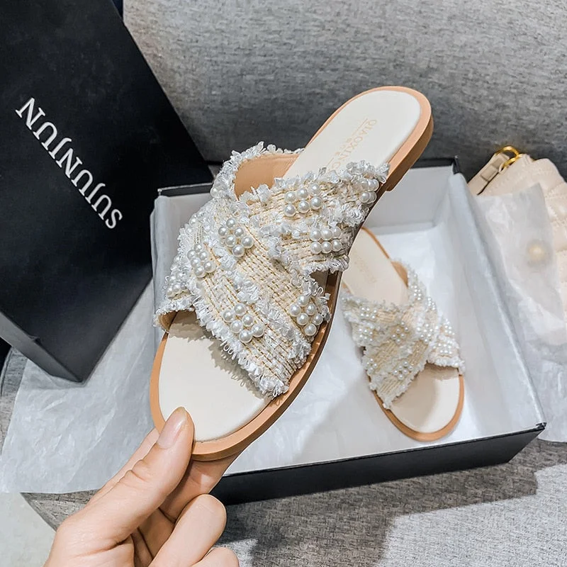 Summer women's sandals 2021 fashion designer outdoor leisure fashion pearl slippers With low shoes for women flat mules41-43size