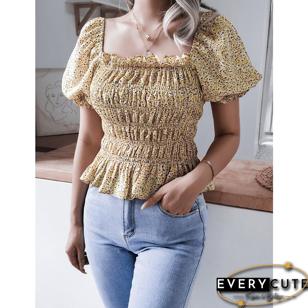Yellow Square Neck Floral Print Chiffon Blouse