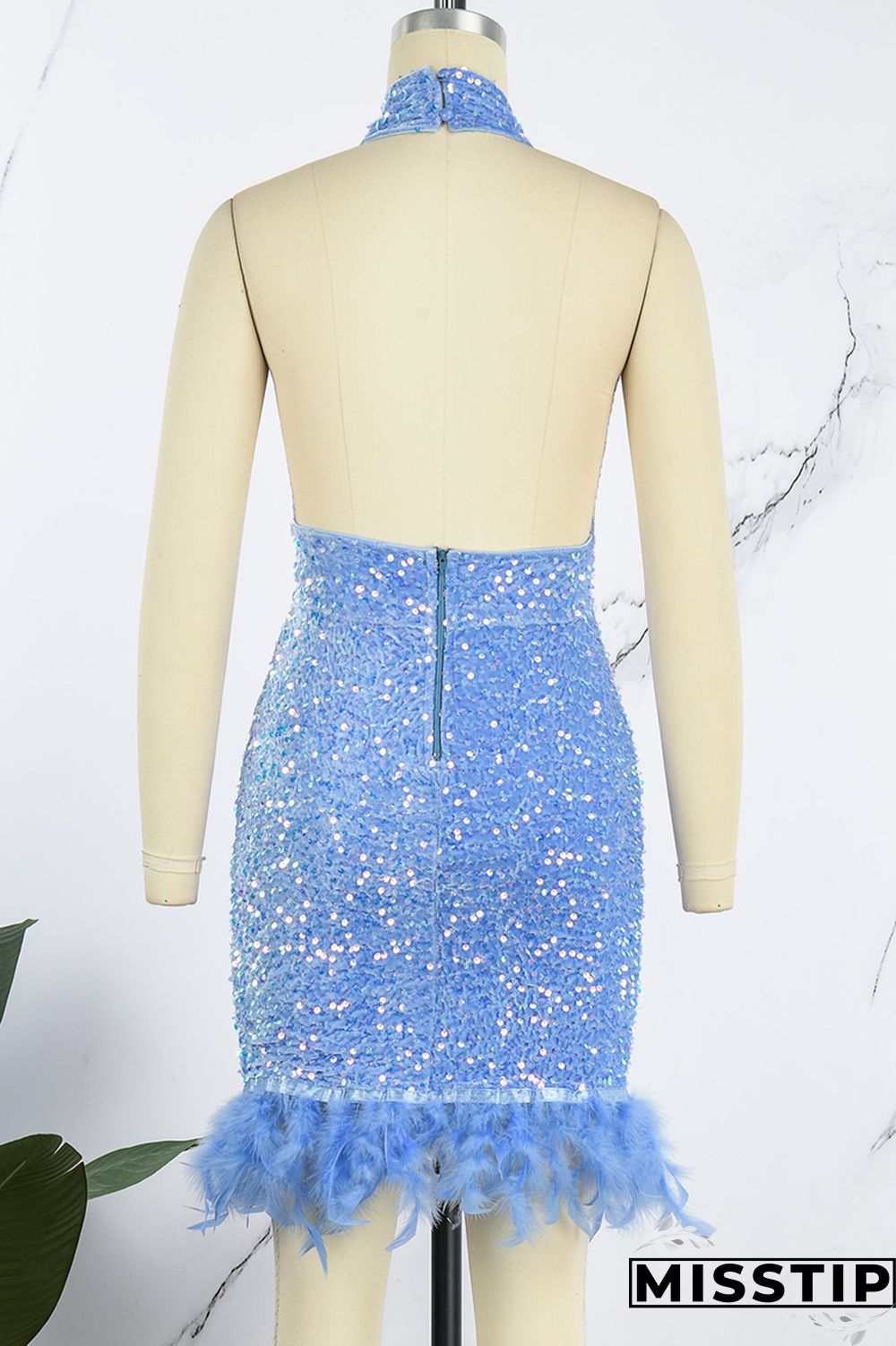 Blue Sexy Patchwork Sequins Backless Halter Sleeveless Dress Dresses
