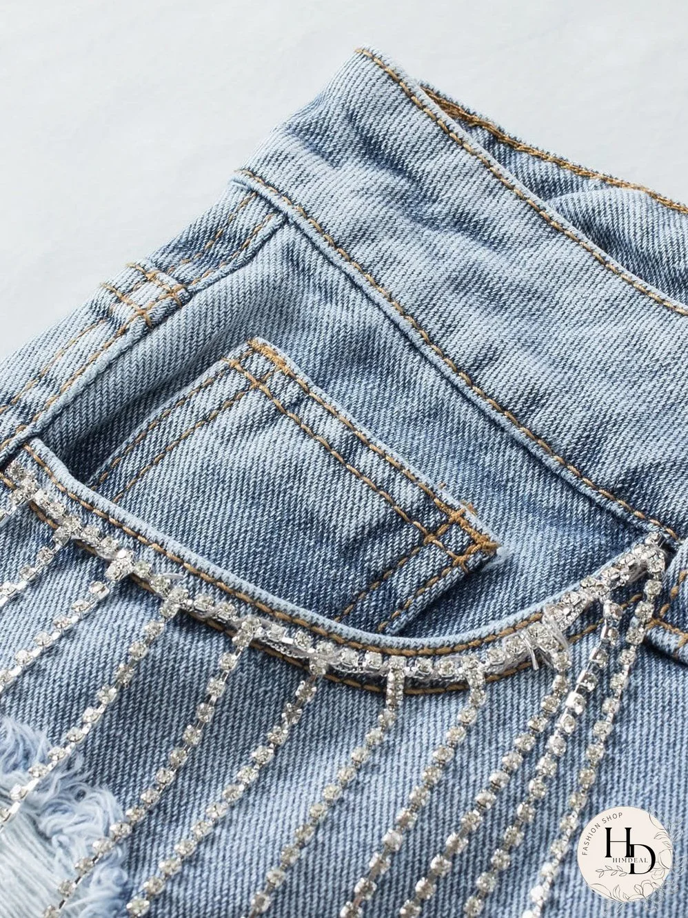 Unique Rhinestone Tassel Denim Shorts
