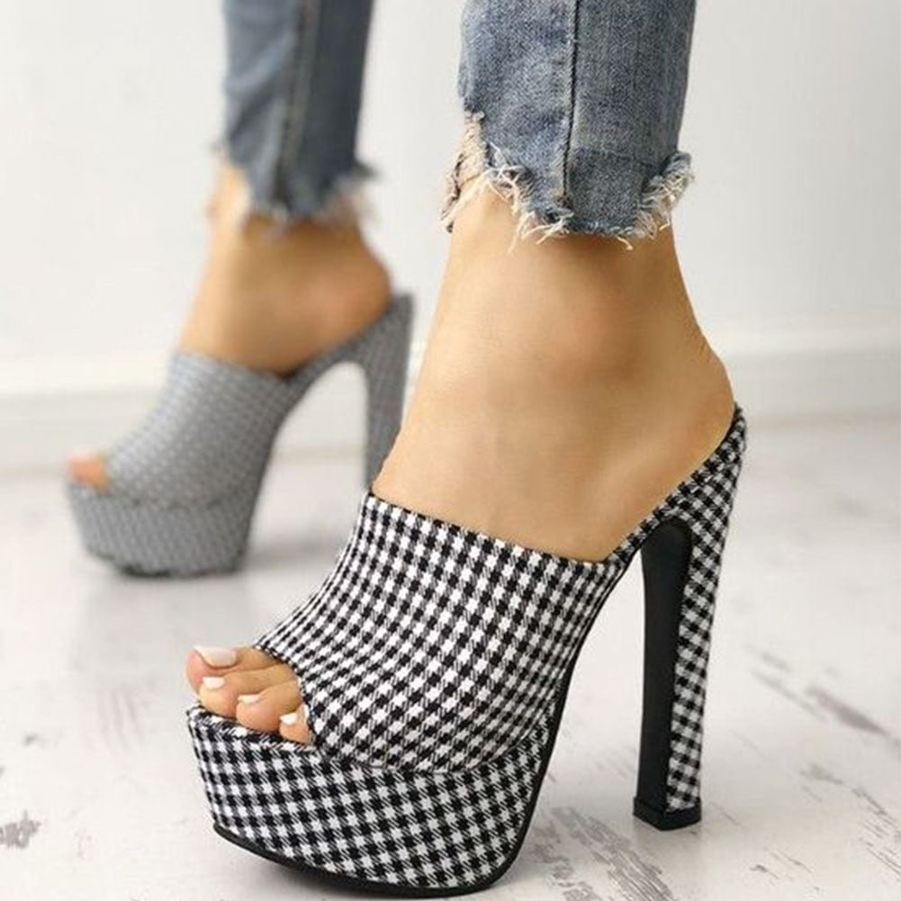 Comemore 2021 Korean Stilettos Super High Heels Sexy Plaid Platform Summer Mules Slides Party Sandal Slippers Women Shoes Female