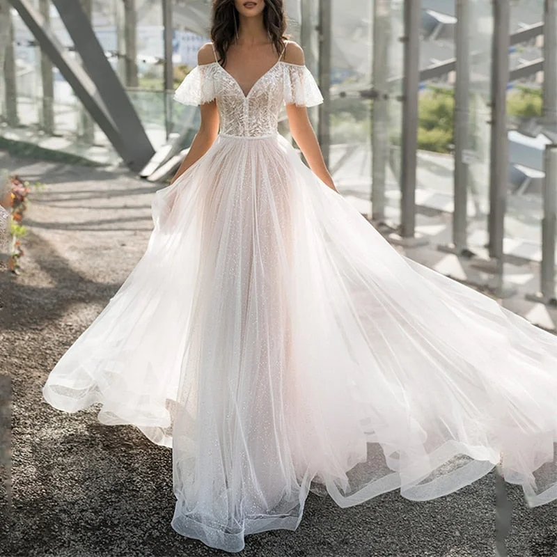 Ordifree 2022 Summer Women Long Party Dress Spaghetti Strap White Lace Tulle Maxi Wedding Dress