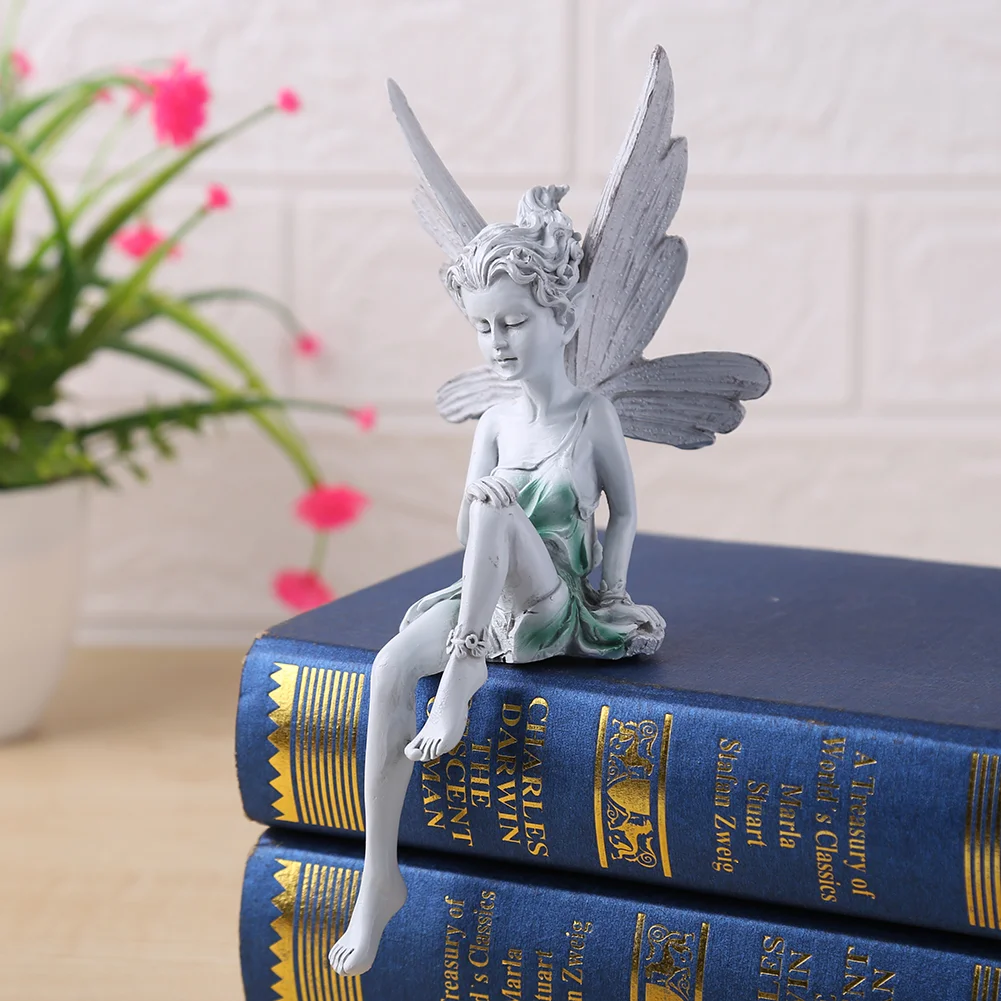 Flower Fairy Sculpture Resin Turek Sitting Statue Angel Yard Decor (White)