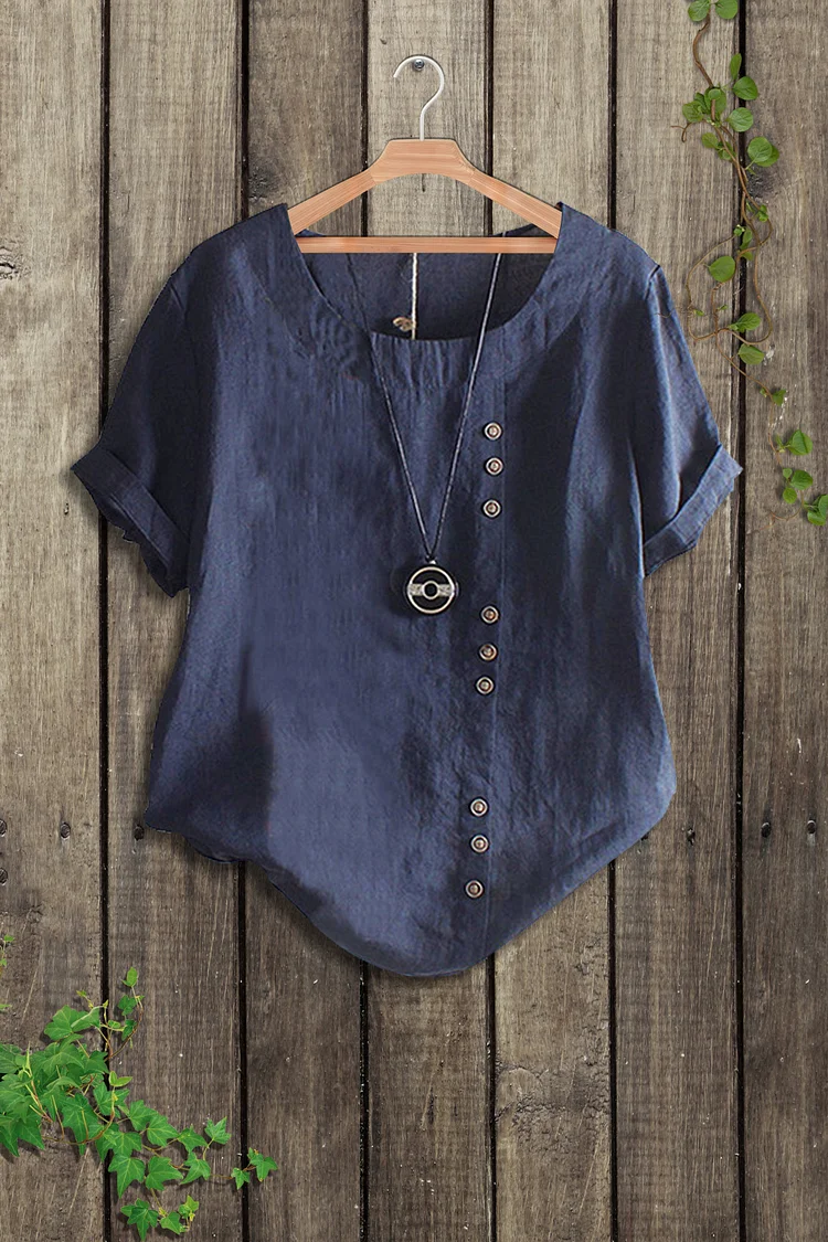 Round Neck Decorative Buttons T-shirt