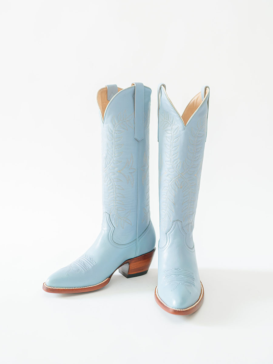 Blue Chunky Heel Embroidered Knee High Cowgirl Boots for Women