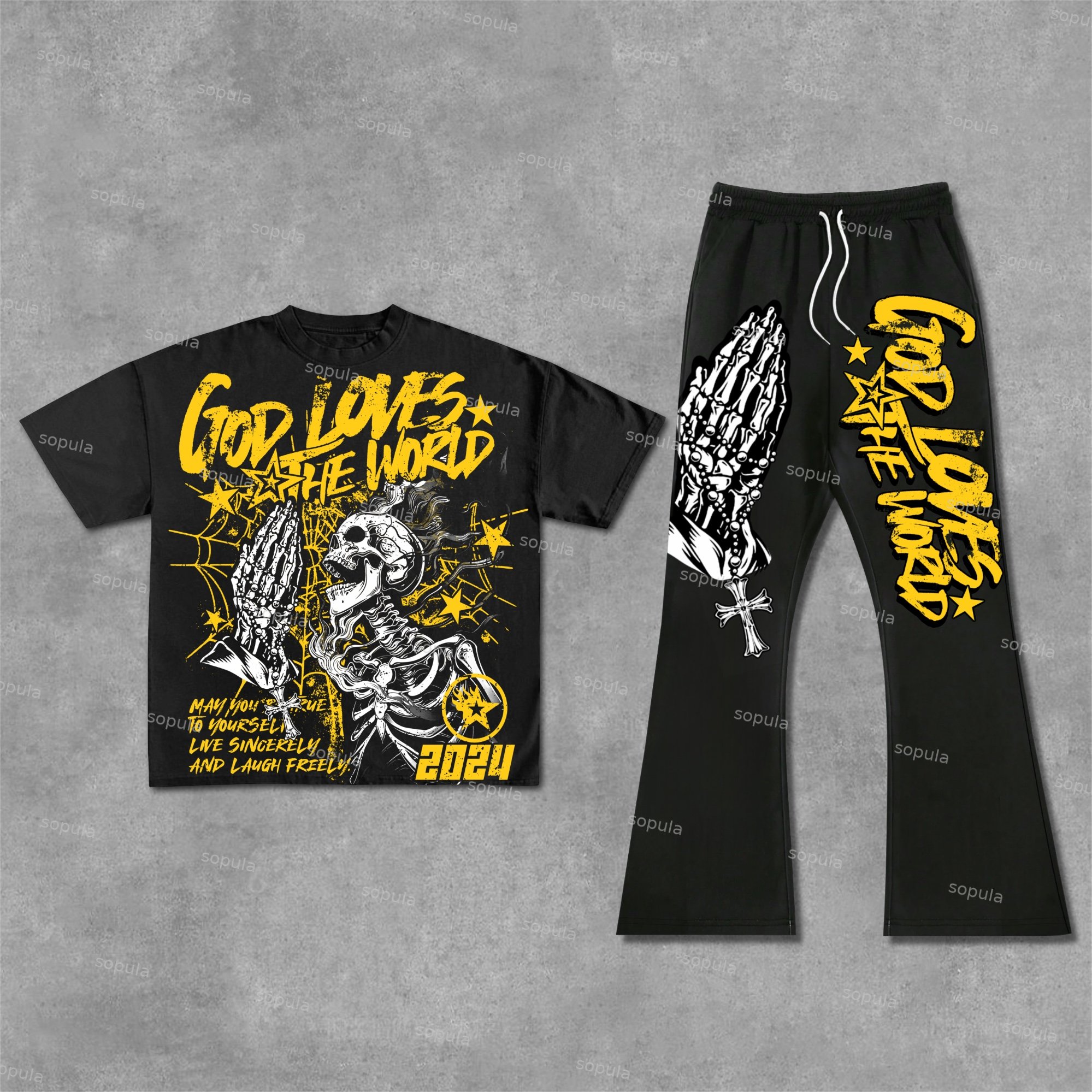Sopula God Loves The World Graphics Cotton Tee & Flared Trousers Two Piece Set - SOPULA
