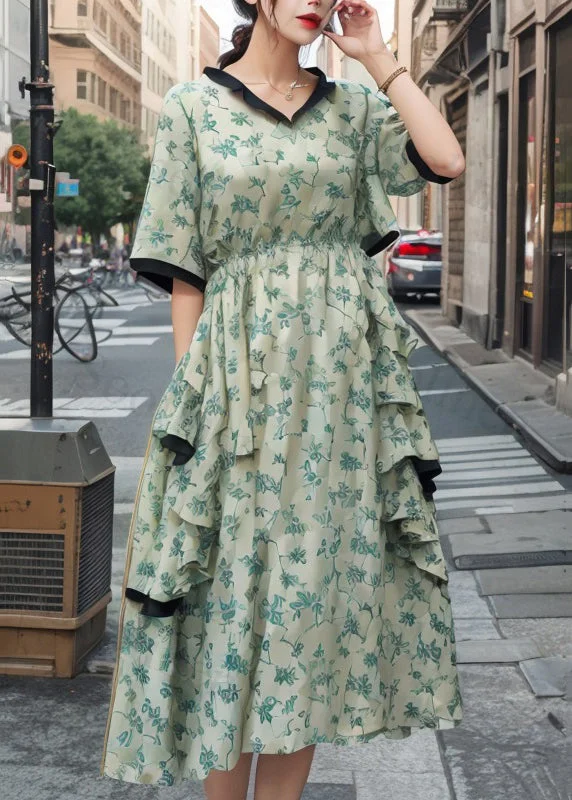 Stylish Green Ruffled Print Patchwork Silk Dresses Summer
