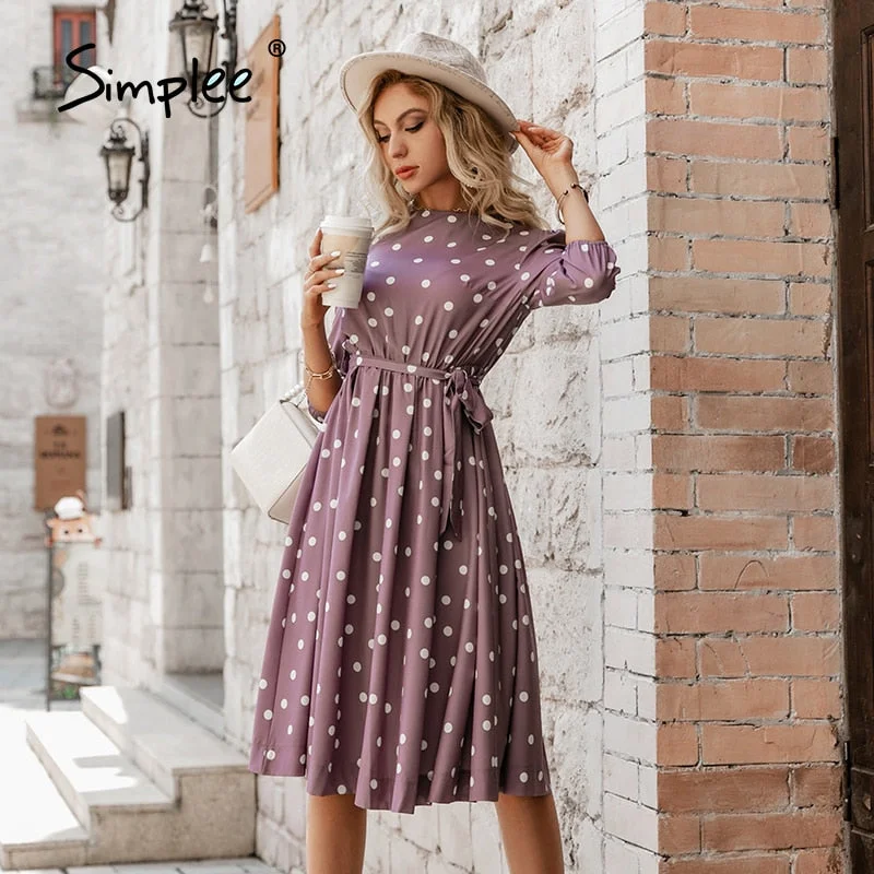 Simplee Elegant A-line polka dot women dress autumn Office lady o-neck belt women midi dresses Half sleeve female purple vestido