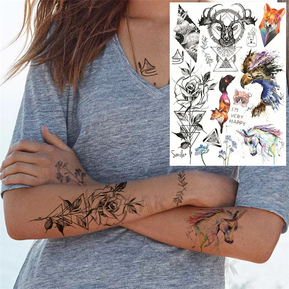 Realistic Fake Black Animal Temporary Tattoos Sticker For Men Women Geometric Wolf Outer Space Tatoo Temporary Decal For Kids