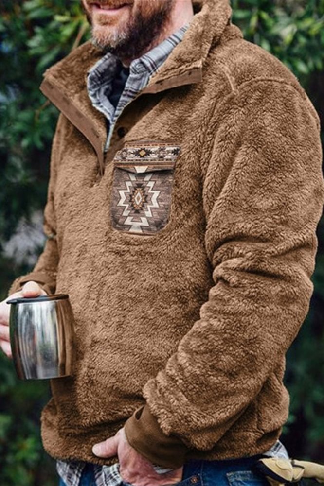 Tiboyz Men's Aztec Flap Pocket Cozy Fleece Pullover