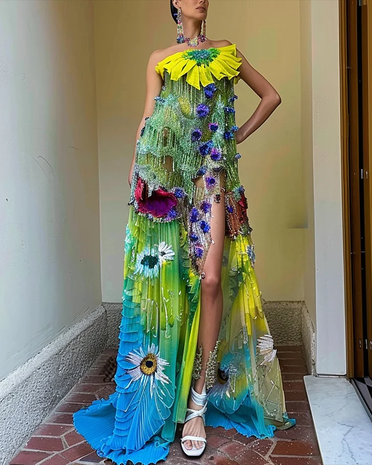 Women's Tube Top Slit Embroidery Dress