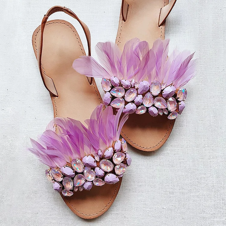 Light Purple Feather Shoe Open Toe Rhinestones Flats Slingbacl Sandals |FSJ Shoes