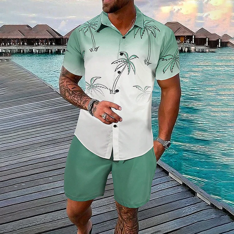 Comstylish Green Gradient Coconut Print Casual Resort Shirt and Shorts Two Piece Set